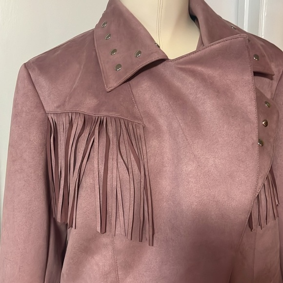 pink suede leather jacket fringes by Adore beaded button close nwt - Picture 4 of 12